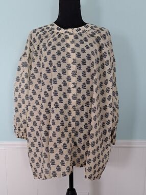 ELIE TAHARI WOMAN Peasant Blouse, Cream/Dark Blue Print, 3/4 Sleeves, Size 3XL
